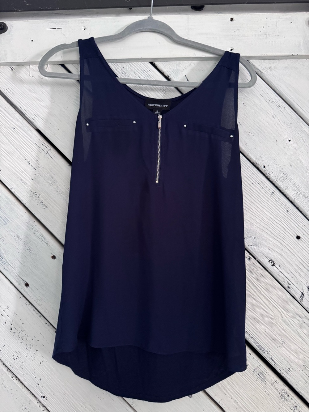 Fortune & Ivy Navy Sleeveless Zip-Front Camisole